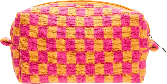 Checkered Makeup Bag for Purse, Small Travel Cosmetic Pouch,Red Orange | Cute Zipper Makeup Organizer for Women, Travel Essentials, Toiletries, Makeup Brushes, Beauty Accessories&Bridesmaid Gifts
