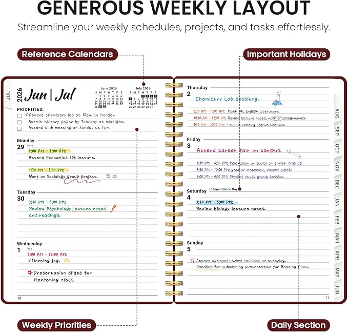 Planner 2026-2027, 8.5" x 11" Weekly and Monthly Academic Year Planner Calendar, July 2026 - June 2027, Hardcover Large School Planning Agenda With Tabs, Perfect for School & Office Supplies, A4, Burgundy