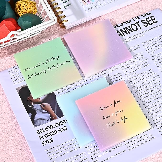 BAYTORY Glitter Transparent Sticky Notes, 200 Sheets 3 x 3 Clear Memo Pads | Multicolor Gradient Waterproof Self-Stick Note, See Through Aesthetic Self-Adhesive Note for Bible Accessories