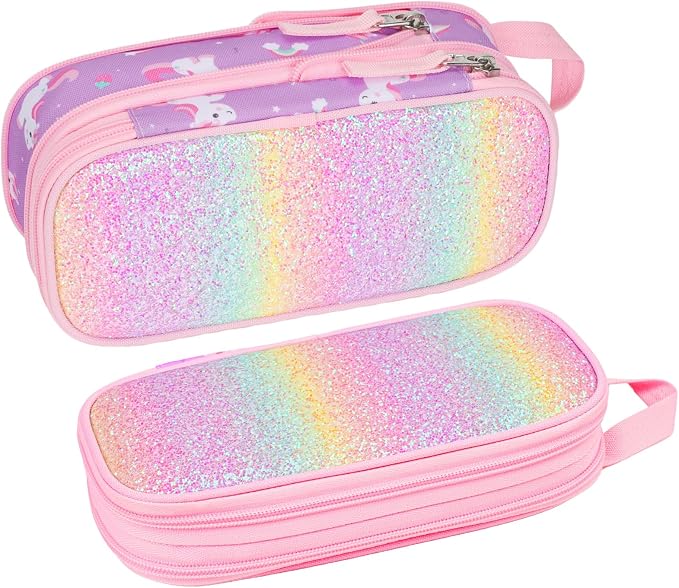 Bagseri Pencil Case for Girls - Expandable Cute Pencil Pouch for Kids Special Pencil Box Large Capacity Pencil Bag Organizer for School (Glitter Purple Unicorn)