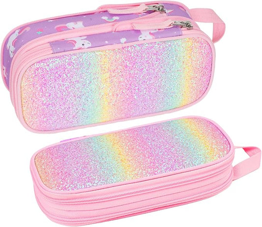 Bagseri Pencil Case for Girls - Expandable Cute Pencil Pouch for Kids Special Pencil Box Large Capacity Pencil Bag Organizer for School (Glitter Purple Unicorn)