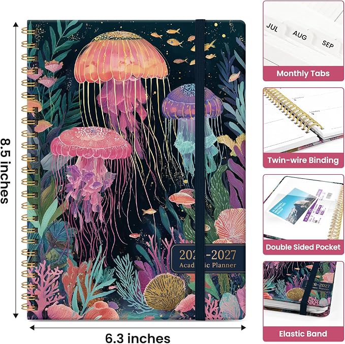 Planner 2026-2027, Academic Year Monthly and Weekly Calendar Planner, Jul 2026 - Jun 2027, Hardcover Teacher Student Planning Agenda book with Tabs, Perfect for School Office Supplies, 6.3" x 8.5" - Jellyfish