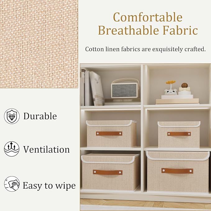 OUTBROS Storage Boxes, 10.2x7.9x6.7 in Bins with Lids, Beige | Cotton and linen cloth Storage Baskets with Handle, for Books, Closet, Bedroom, Home