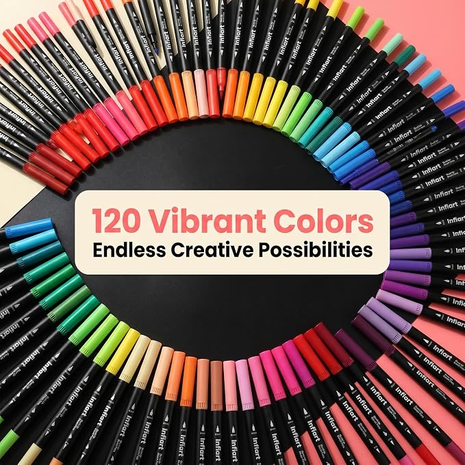 120 Colors Dual Tip Brush Pens, Water-Based Markers with Fine Tip and Brush Tip, Art Pens for Coloring Books, Calligraphy, Sketching, Journaling, Drawing for Adults Art Supplies and DIY Crafts