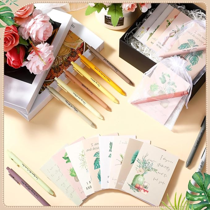 Mooliwe 12 Set/ 24 Pcs Positive Affirmation Gift Set Gratitude Notebooks with Pens Small Bags Motivational Encouragement Notepads Daily Affirmations Journal for Women Stress Relief Self Care (Flower)