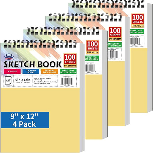 WINNER 9" x 12" Sketch Book 4 Pack, 400 Sheets Spiral Bound Art Sketchbook, 68lb/100gsm White Acid Free Drawing Pad, Sketching Doodling Drawing Writing Sketch Pad, Back to School Art Supplies, Yellow