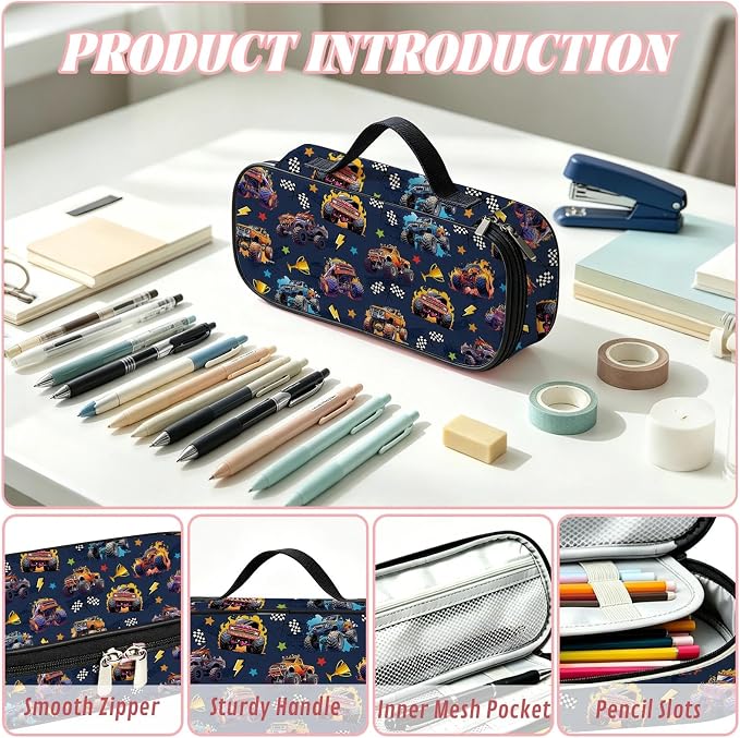 Monster Truck Pencil Bag for Boys, Large Capacity Kids Car Pencil Box with Zipper Compartments, Portable Pen Pouch Bag for Office School Travel