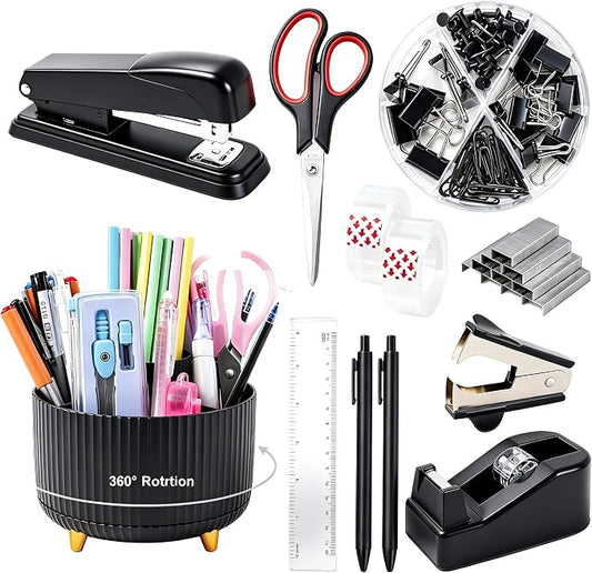 Gawsey Black Desk Organizers and Accessories with Desk Organizer 360° Rotating Pen Holder and Office Supplies, Cute Stationery Supplies Set