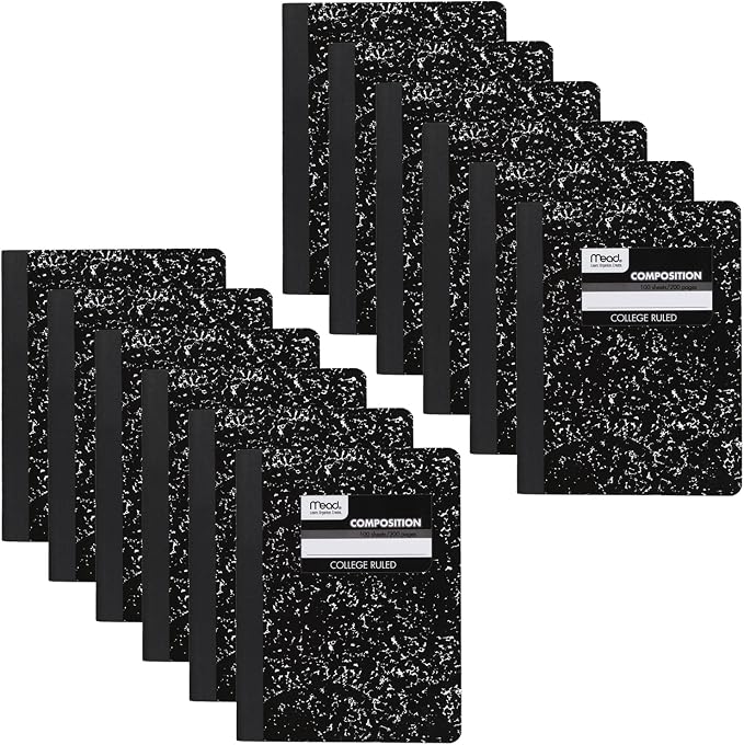 Mead Composition Notebook, 12 Pack, College Ruled Paper, 7-1/2" x 9-3/4", 100 Sheets per Comp Book, Black Marble (72938)