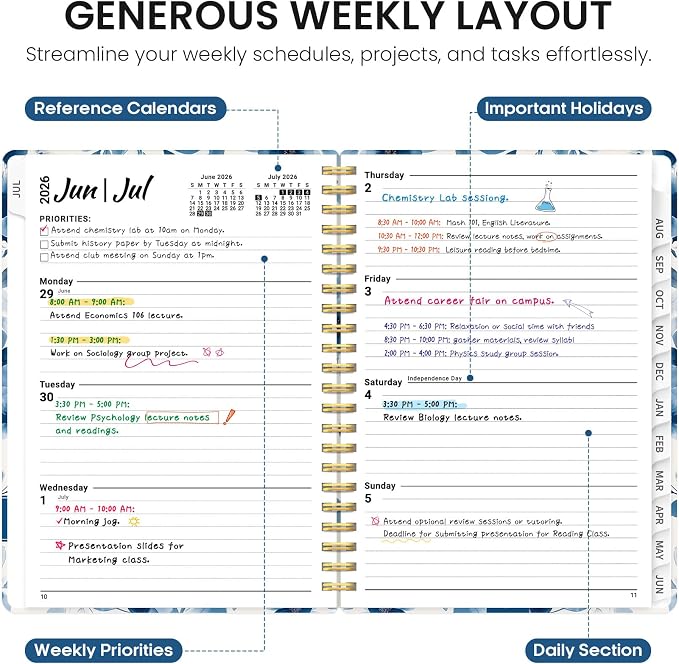 Planner 2026-2027, Academic Year Monthly and Weekly Calendar Planner, Jul 2026 - Jun 2027, Hardcover Teacher Student Planning Agenda book with Tabs, Perfect for School Office Supplies, 6.3" x 8.5" - Watercolor Petal