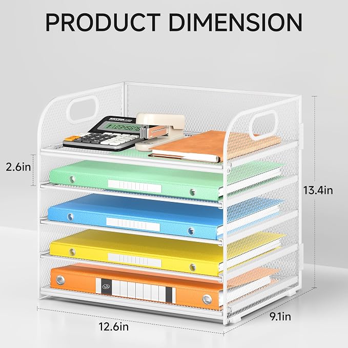 Lavatino 5 Tray Paper Organizer Letter Tray with Handle - Mesh Desk File Organizer, Paper Sorter Organizer for Office, Home or School File Folder Holder - White
