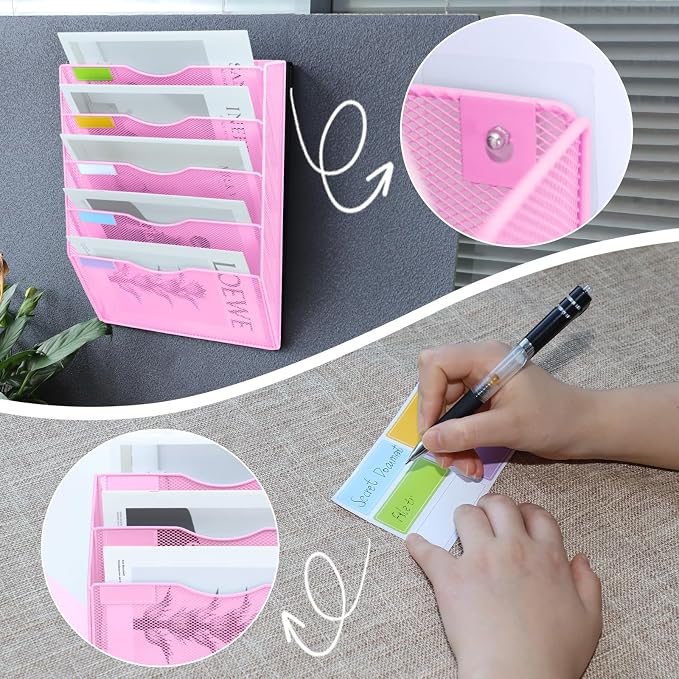 5 Pockets Mesh Wall File Holder Organizer Office Hanging File Folder Magazine Rack, Nametag Label Hooks Set Included (Pink)