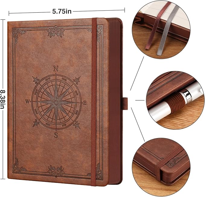 AHGXG Thick Lined Notebook, 320 Numbered Pages, A5 (5.75'' X 8.38'') | College Ruled Journal, Vintage Leather Hardcover, 100gsm Paper, for Men Women Work Office School (Brown)