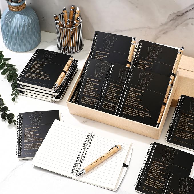 Harloon 10 Sets Thanksgiving Elephant Friendship Gift Friendsgiving A6 Spiral Notebook with Elephant Bamboo Pen Employee Appreciation Gifts for Staff Team Coworker Teachers