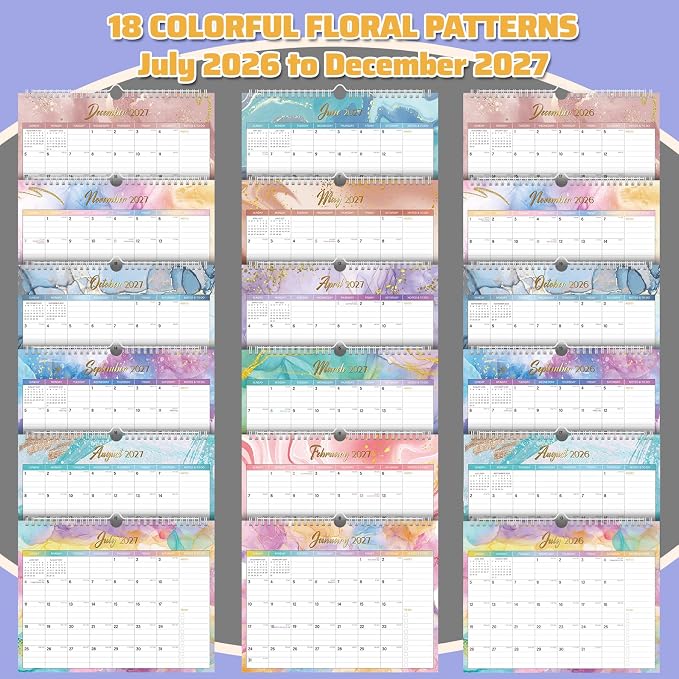 Wall Calendar July 2026 – December 2027 – 18 Monthly Calendar, 11 x 8.7 In, with Holidays, Julian Dates, Thick Paper & Notes Space, Home Office Wall Decoration