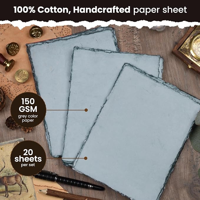 LEATHER VILLAGE Watercolor Paper- 7 X 10 inches - 20 Sheets Watercolor Paper for Drawing, Sketching, Painting & Crafts - 150 GSM Thick Deckle Edge Virgin Cotton Handmade Paper - Grey