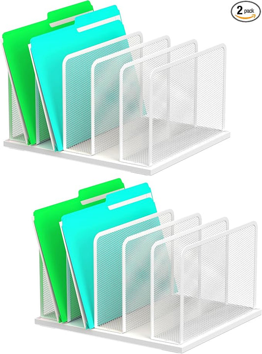 Kuntine.B Desk File Organizer Upright Mesh Desktop Organizer File Sorter Office Organization File Holder for Home, Office & Classroom (White, 2 Pack 5-Section)