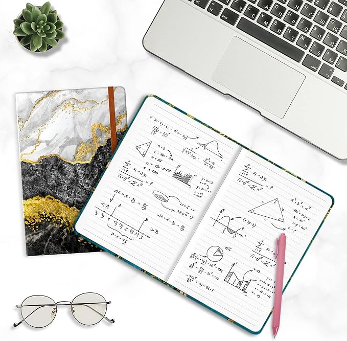 Lined Journal Notebook, Marble Hardcover, Medium 5.7 x 8.4 in, 160 Pages Thick Paper, Cute Aesthetic College Ruled Notebook for Journaling Writing Work Office School Men Women, Black White Gold