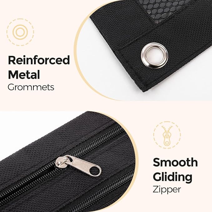 KONVINIT Pencil Pouch for 3 Ring Binder, Zipper Binder Pencil Pouch, Durable Cloth Pencil Case with 2 Pockets, Mesh Window Pencil Case Pouch for School Supplies, Cables, Earbuds, Makeup, Black