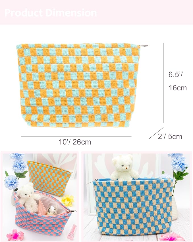 Checkered Makeup Bag for Purse, Small Flat Cosmetic Pouch,Orange Green | Cute Zipper Makeup Organizer for Women, Travel Essentials, Toiletries, Makeup Brushes, Beauty Accessories&Bridesmaid Gifts
