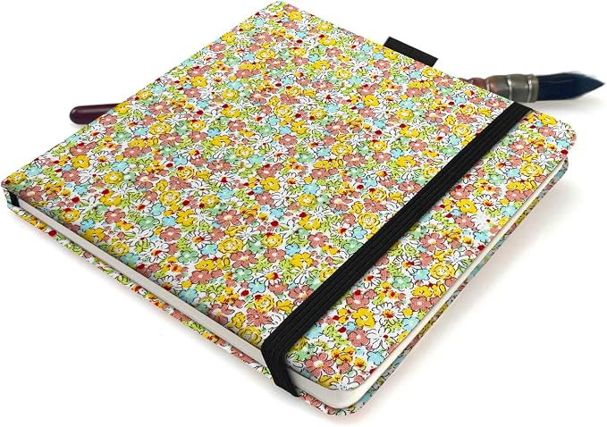 5x5 Handy Portable Handmade Cloth Fabric Hardcover Sewing Binding Travel WaterSketchbooks Watercolor Paper 140LB/300gsm 20Sheets/40Pages Journal Mixed Media Pad Notebook Coral Flower
