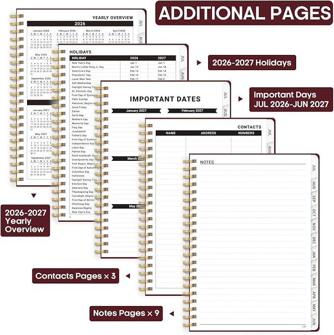Academic Planner 2026-2027, Weekly and Monthly Calendar Planner Book, July 2026 – June 2027, Hardcover Organizer with Tabs, Perfect for Teachers, Students, Women & Men, A5 (6.4" x 8.5") - Burgundy