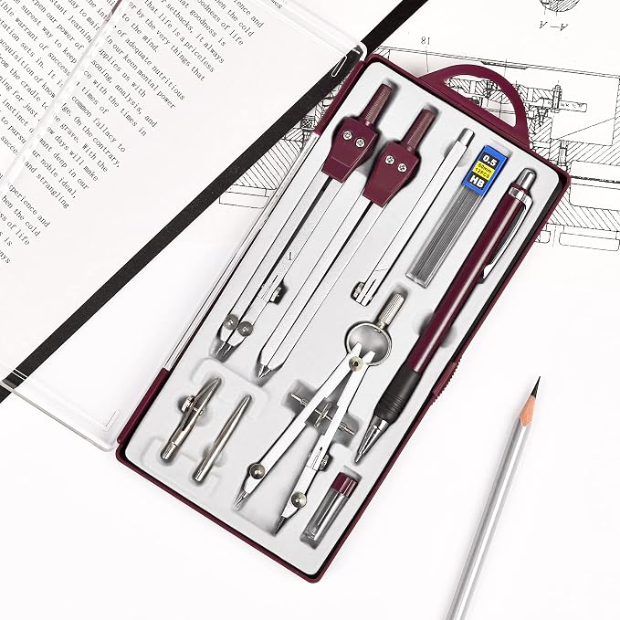 Unjoo 9Pcs Precision Geometry Set Metal Compass,Geometry Tool Set (Brown) | Shatterproof Storage Box, Circle Drafting Tool and Architecture, Drafting Kits for Engineers Students