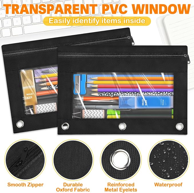 Pencil Pouch for 3 Ring Binder, 100 Packs Zipper Pencil Pouch Bulk in Black Colors, Pencil Case for Binder with Clear Window for School, Home and Office