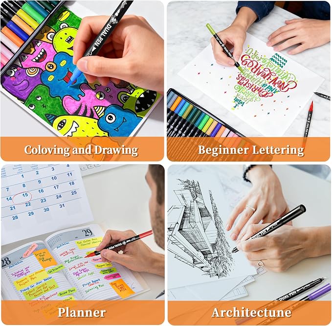 Brush Pens for Adult Coloring Books, 168 Colors Dual Tip Art Markers – Fine Tip for Outlining + Brush Tip for Coloring, Water-Based Non-Bleeding Markers for Journaling, Calligraphy, Hand Lettering