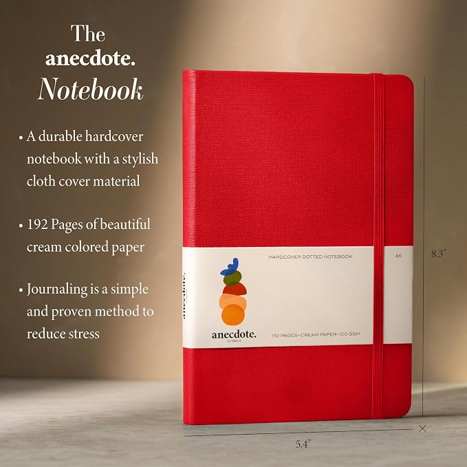 ANECDOTE. Dotted Journal Notebook, 192 Pages, A5 size: 8.3" x 5.4", Thick 100 GSM Paper, Dotted, Hardcover. Journal for Women and Men, Perfect Notebook for School, Work and Travel (Red)