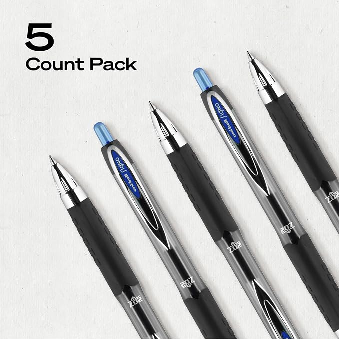 Uniball™ 207 Gel Pens, Blue Ink, 0.7mm Medium Point, Retractable, 5 Count, Smooth Writing, Fraud-Resistant, uni Super Ink™