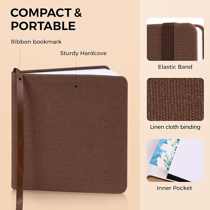 Watercolor Journal - 100% Cotton Cold Press Paper | 20 Sheets 40 Pages | 300GSM (140lb) | Linen Cotton Cover Watercolor Sketch Books for Artists Painting,Mixed Media 7.48 x 7.48 in