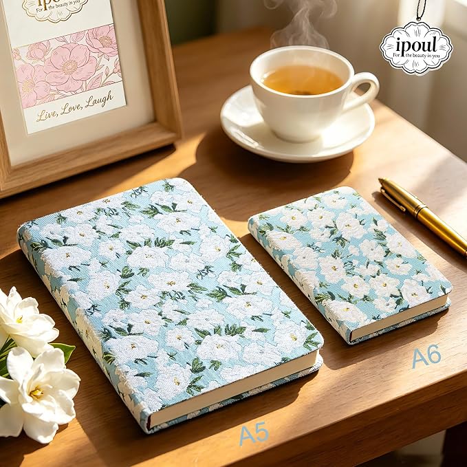 Floral Notebook, Cute Journal, A5, 8x6, Wide Rule, Lined Notebook, Diary for Women, Blue Notebook, Hard Cover Journal Notebooks, Lay Flat, Pretty Notebook, Writing Journal, White Gardenia