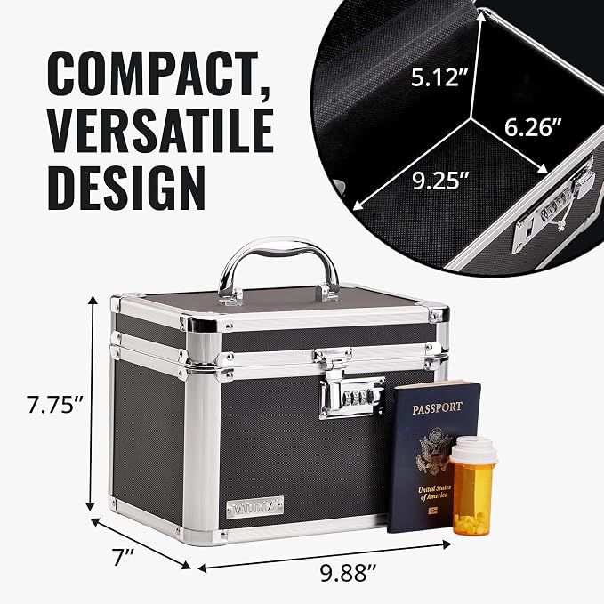 Vaultz Secure Security Lock Boxes - Safe Combination Lock Box, Storage for Documents, Valuables, Medicine & Money - 9.88 x 7.75 x 7 Inch - Black/Chrome | Lockable design with reinforced chrome-steel corners, combination-lock case, non-slip rubber feet,...