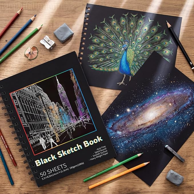 Black Paper Sketchbook 2 Pack, 5.5 × 8.5 in, 100 Sheets, Spiral Bound | 160gsm Acid-Free Black Paper, Sturdy Spiral Binding, Clean Tear-Out Pages, Ideal for Colored Pencils, Chalk, And Gel Pens