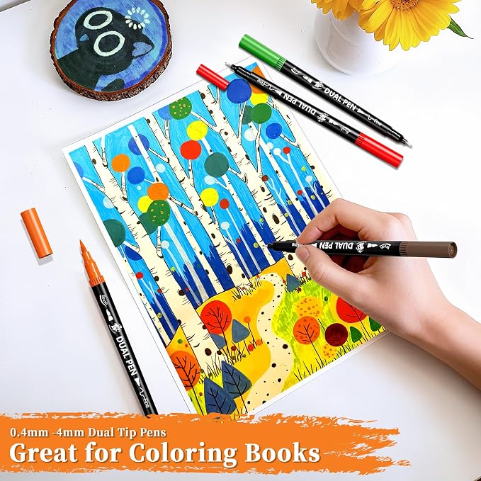 Brush Pens for Adult Coloring Books, 48 Colors Dual Tip Art Markers – Fine Tip for Outlining + Brush Tip for Coloring, Water-Based Non-Bleeding Markers for Journaling, Calligraphy, Hand Lettering