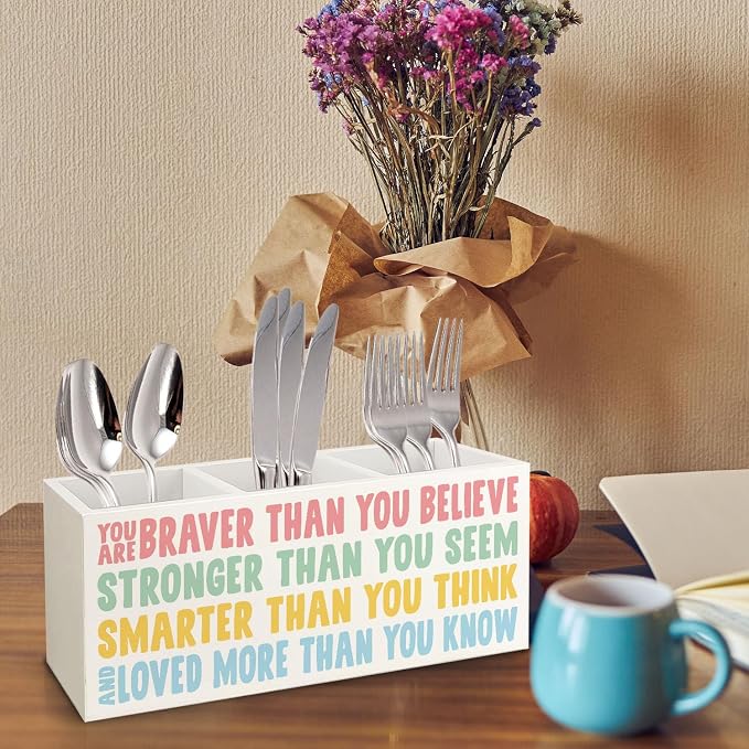 Boho Motivational Wooden Pen Pencil Holder for Desk, You Are Braver Than You Believe Inspirational Quotes Makeup Brush Toothbrush Holder Organizer for Kids Room Nursery Playroom