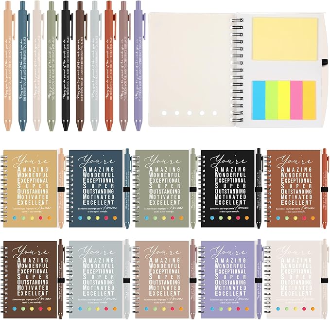 Jetec 20 Pcs/10 Sets Back to School Teacher Gifts Motivational Spiral Notebook with Sticky Notes Pen Bulk Inspirational Journals Thank You Gift for Employee Coworker Birthday Party (Morandi Earth)