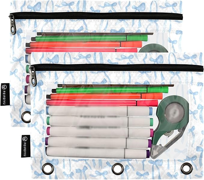 Wamika Bowknot Blue White Binder Pouches 3 Ring for Boys Girls School Office College Supplies Bow Ribbon Tie Pencil Pouches Case Bag with Clear Window and Zipper 2 pack