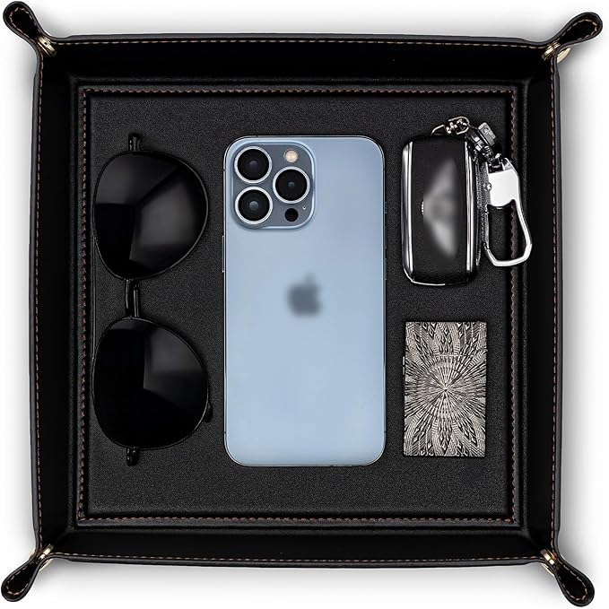 VLANDO Valet Tray, Foldable PU Leather Catchall Tray, Black | Valet Tray for Men, Nightstand, Dresser, Desk, Entryway and Travel Organizer for Keys, Wallet, Watch, Phone, Glasses and EDC