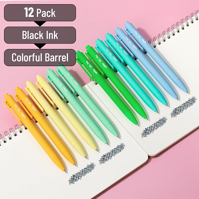 Mr. Pen- Retractable Gel Pens, 12 Pack, Black Ink, Fresh Color Barrels | Fine Point 0.5mm, Fast Dry, Smooth Writing, Cute Pens for Drawing, Writing Planner and School Supplies