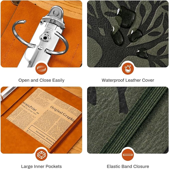 Ovesmusl PU Leather 3 Ring Binder Fits 8.5"x11" Letter Size Paper, 1.5 Inch Round Ring Binder Holds 350 Sheets, Notepad Paper Cover Loose Leaf Organizer, Green Tree