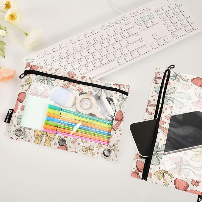 ALAZA Pencil Pouch for 3 Ring Binder, Polka Dot Lace Bows Binder Pencil Pouches with Clear Window Zipper Pencil Case Cosmetic Bags for Office College Supplies, 2PCS