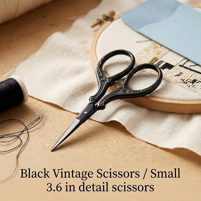 BIHRTC 3.6 Inch Embroidery Black Sharp Tip Stainless Steel Scissors Small Sewing for DIY Sewing Art Work Cross Stitch Household Needlepoint Scissors