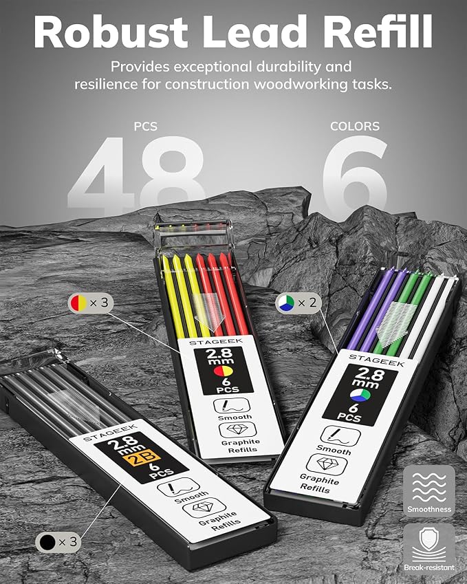 STAGEEK 4PCS Mechanical Carpenter Pencil Set, Deep Hole, Woodworking | 52 Refills, 4PCS Long Nib Marker Pens, Built-in Sharpener, Storage Case for Architect Heavy Duty Construction Marking