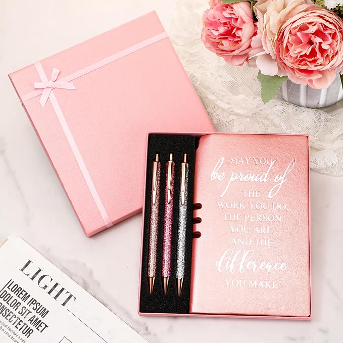 Resurhang 5 Pcs Employee Appreciation Gift Leather Journal Notebook 3 Ballpoint Pens with Box Thank You Gift for Nurse Volunteer Teacher Secretary Assistant Coworker Women(Rose Gold)