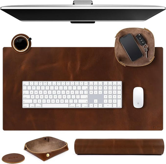 ELIZO Leather Desk Pad Set Real Leather Desk Mat Thick (3mm) Double Layer (32x16) Cover Blotter Desk Protector Large Computer Mat for Keyboard Mouse Pad Table Laptop Mat Office Accessories Antique