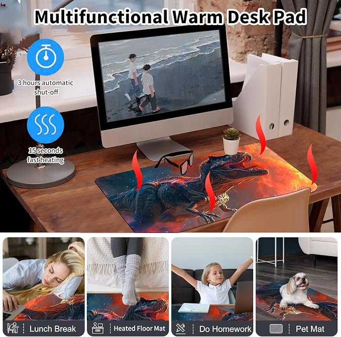 Heated Desk Pad Mouse Pad,Heated Desk Mat,with 3 Heating Levels & 3 Hours Auto Shut-Off,Leather 23.6"*14.2" Gaming Mouse Laptop Mat,Foot Warmer,Dinosaur Glitter Sunset