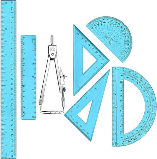 Zonon 7‑Piece Geometry Set with Drawing Compass, 6 & 4 Inch Protractors, Triangle Rulers and Straight Rulers, Transparent Math Drafting Supplies for Back to School, Students and Office Use(Blue)