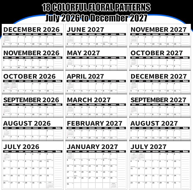 Wall Calendar 2026-2027 (July 2026 - December 2027) - 18 Month Large Hanging Calendar 14.57 x 11.42 Inches, Monthly Planner with Ruled Blocks, Thick Paper, Holidays, To-Do List & Notes for Home, Office, Classroom